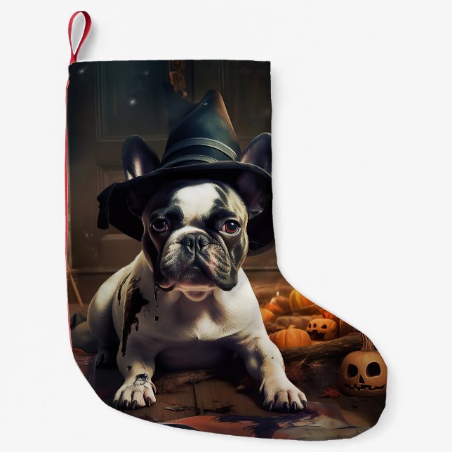 Meia De Natal Pequena O Bulldog Francês Pumpkins Halloween Assustado (Frente)