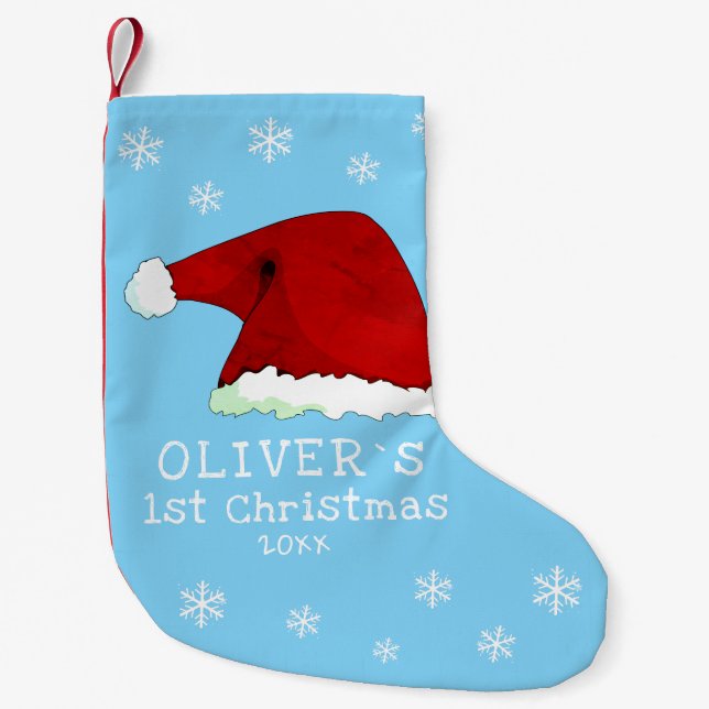 Meia De Natal Pequena O Primeiro Natal do Papai Noel Floco de Neve Azul (Frente)