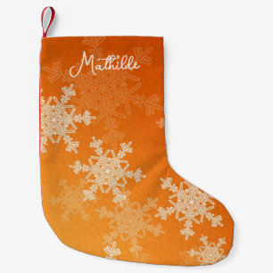 Meia De Natal Pequena Orange White Snowflakes Nome de Natal Minimalista