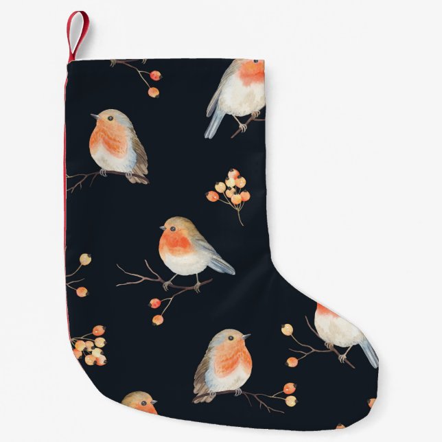 Meia De Natal Pequena Os pássaros Robin e as bagas rugem em galhos secos (Frente)