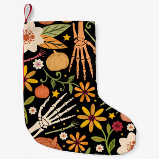 Meia De Natal Pequena Ossos de Halloween, padrão floral uniforme.