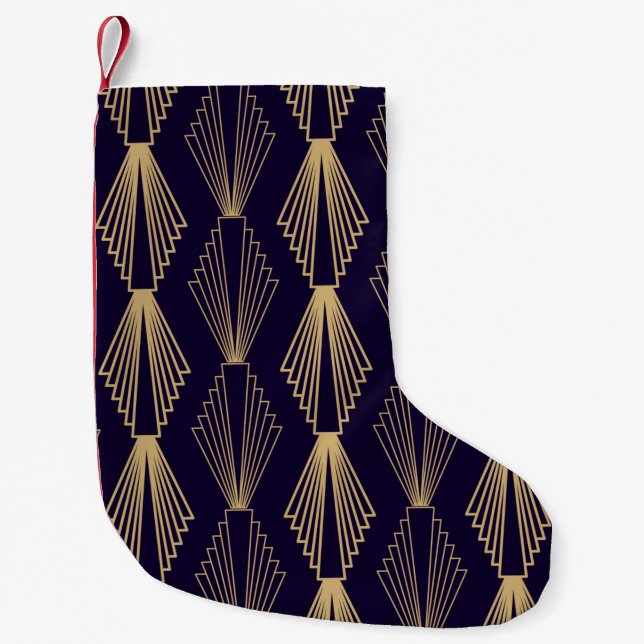 Meia De Natal Pequena Ouro art Deco Pattern. Escuro azul escuro (Frente)