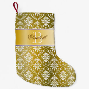 Meia De Natal Pequena Ouro do monograma/damasco amarelo