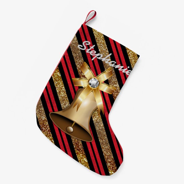 Meia De Natal Pequena Ouro Vermelho Dourado e Preto Brilhante (Frente (Pendurada))