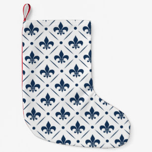 Meia De Natal Pequena Padrão azul escuro Fleur De Lis sobre fundo branco
