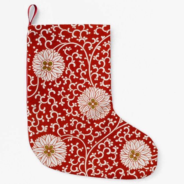 Meia De Natal Pequena Padrão Clássico do Ornamentado Floral Vermelho Vib (Frente)