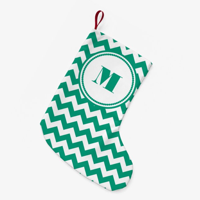 Meia De Natal Pequena Padrão Clássico Monograma Verde Chevron (Frente (Pendurada))