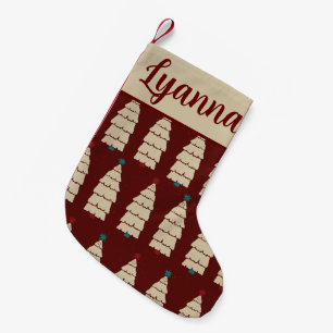 Meia De Natal Pequena Padrão de Árvore Vermelha Burgundy Retro Cozy Nata