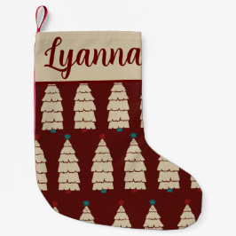 Meia De Natal Pequena Padrão de Árvore Vermelha Burgundy Retro Cozy Nata