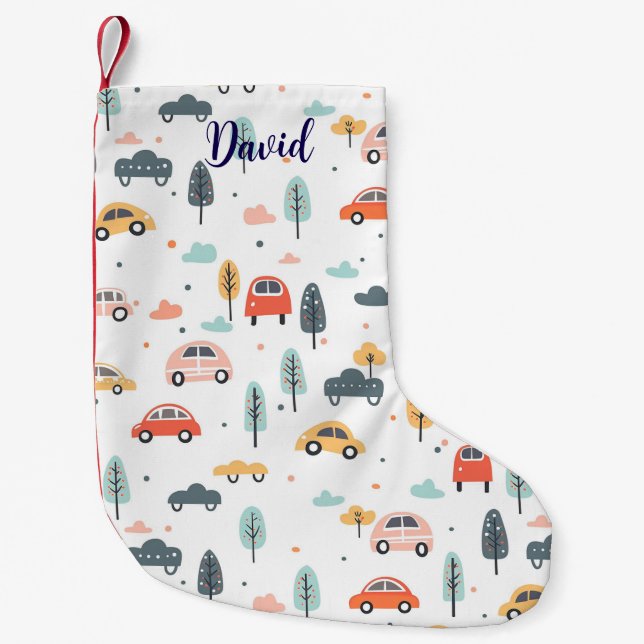 Meia De Natal Pequena Padrão de Carros, Árvores e Nuvens de Boho (Frente)