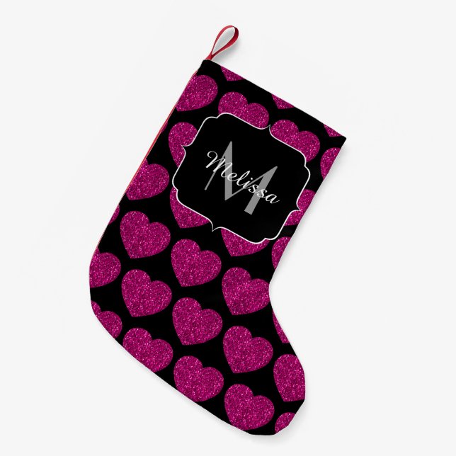 Meia De Natal Pequena Padrão de faíscas cardíacas cor-de-rosa quente bri (Frente (Pendurada))