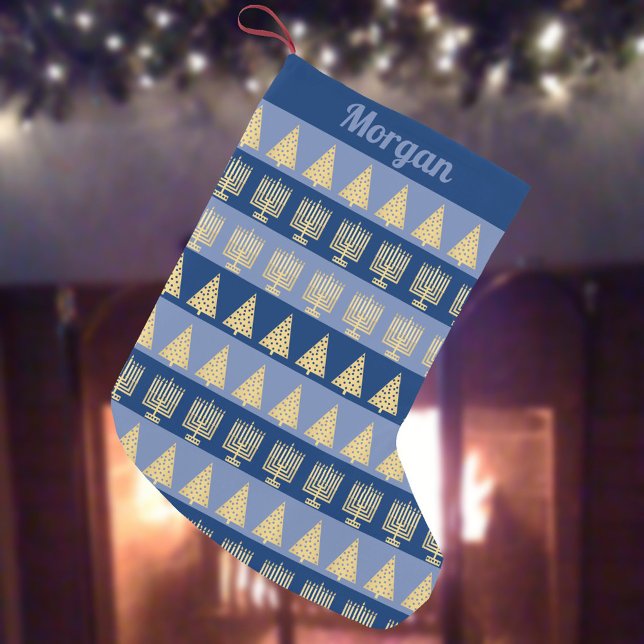 Meia De Natal Pequena Padrão de faixas de árvores de Chrismukkah Dourada (Add your child's name to this fun interfaith holidays Hanukkah Christmas stocking)