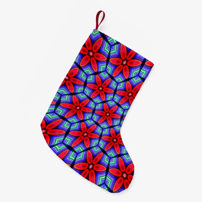 Meia De Natal Pequena Padrão de Flores de Tecidos Vermelhos (Frente (Pendurada))
