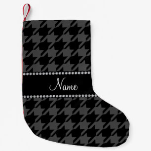 Meia De Natal Pequena Padrão de houndstooth preto de nome personalizado
