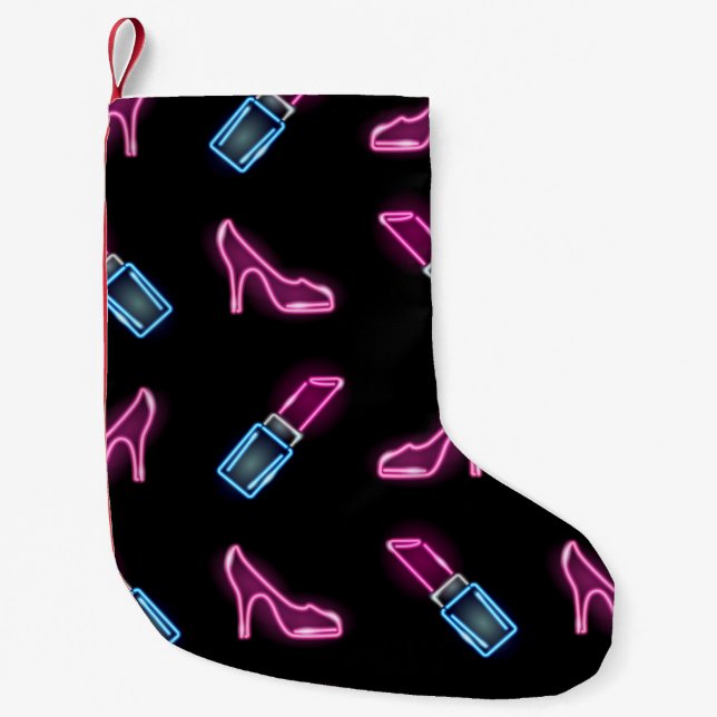 Meia De Natal Pequena Padrão de Moda com Ícones de Neon. (Frente)