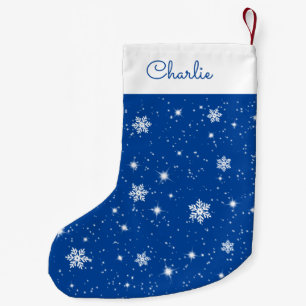 Meia De Natal Pequena Padrão de Neve Branco Azul com Flocos de Neve com