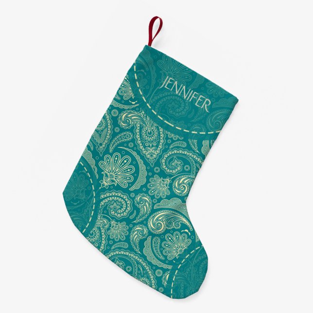 Meia De Natal Pequena Padrão de Paisley Azul-Verde (Frente (Pendurada))