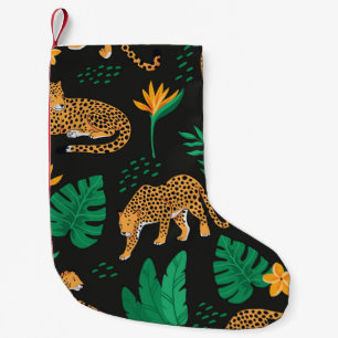 Meia De Natal Pequena Padrão de safra com leopardos e folhas tropicais