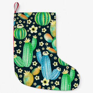 Meia De Natal Pequena Padrão de safra com suculentos. Cacto de aquarela
