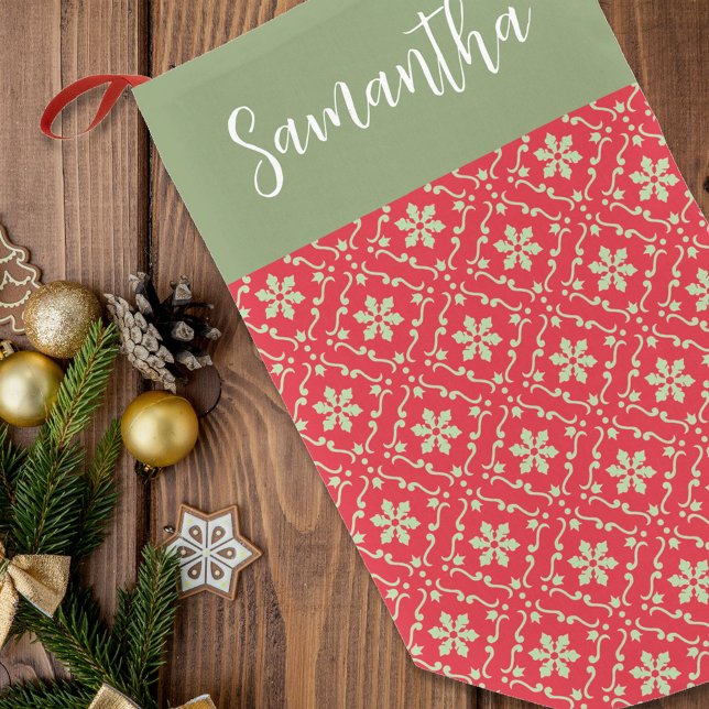 Meia De Natal Pequena Padrão Elegante de Floco de Neve Verde Simples (Red and green holiday snowflake pattern stocking)