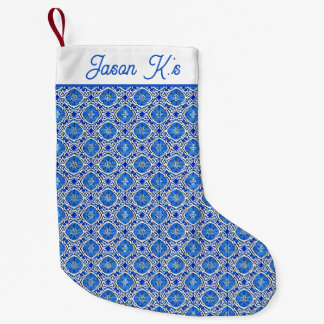 Meia De Natal Pequena Padrão floral branco azul Estilo mediterrânico
