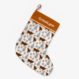Meia De Natal Pequena Padrão Longhorn de Xadrez de Buffalo Laranja Queim