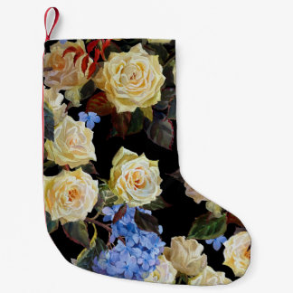 Meia De Natal Pequena Padrão moderno floral, rosas brancas, hydrangea az