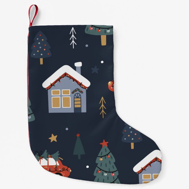 Meia De Natal Pequena Padrão perfeito de Natal com árvore de natal, carr (Frente)