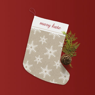 Meia De Natal Pequena Padrão Rustic Red and White Faux Burlap Snowflake