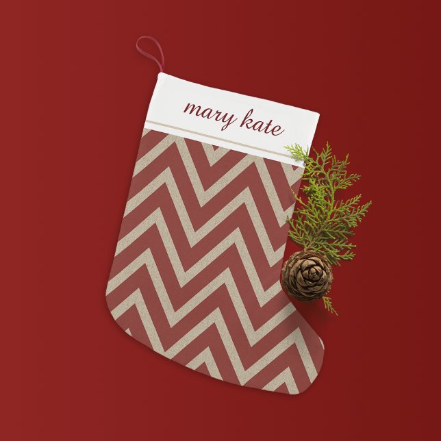 Meia De Natal Pequena Padrão Rustic Red Faux Burlap Chevron (Criador carregado)