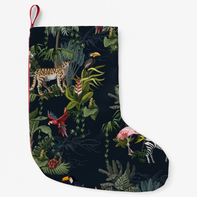 Meia De Natal Pequena Padrão sem costura com animais da selva, flores e  (Frente)