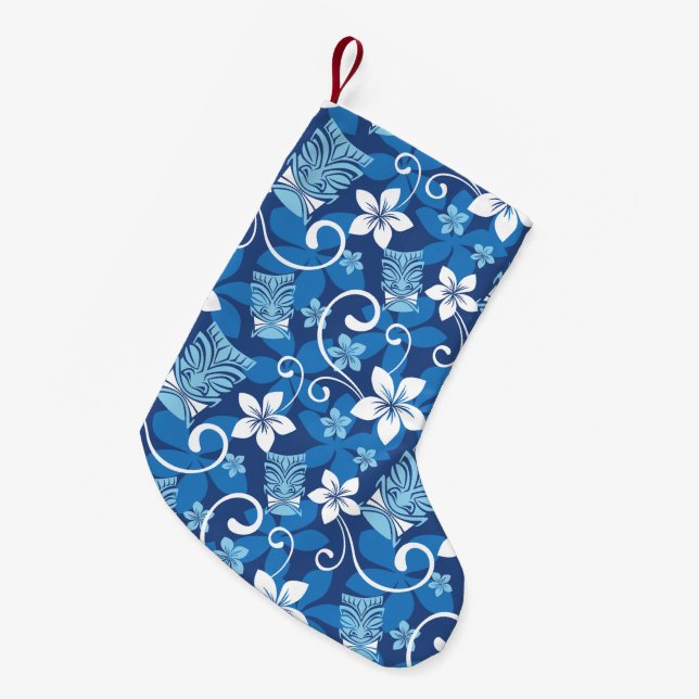 MEIA DE NATAL PEQUENA PADRÃO TIKI LUAU (AZUL BRILHANTE) (Frente (Pendurada))