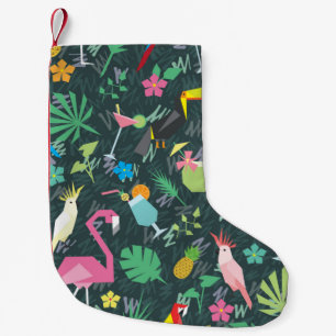 Meia De Natal Pequena Padrão tropical sem costura com aves e bebidas 1
