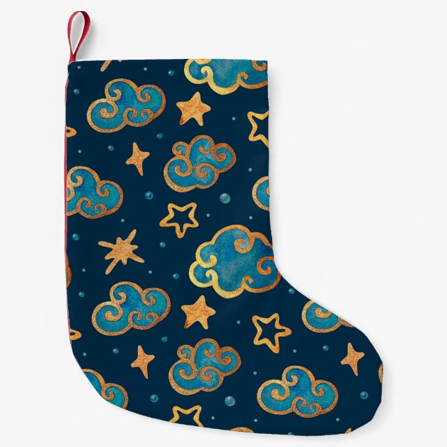 Meia De Natal Pequena Padrão uniforme de aquarelas com a lua, estrelas,  (Frente)