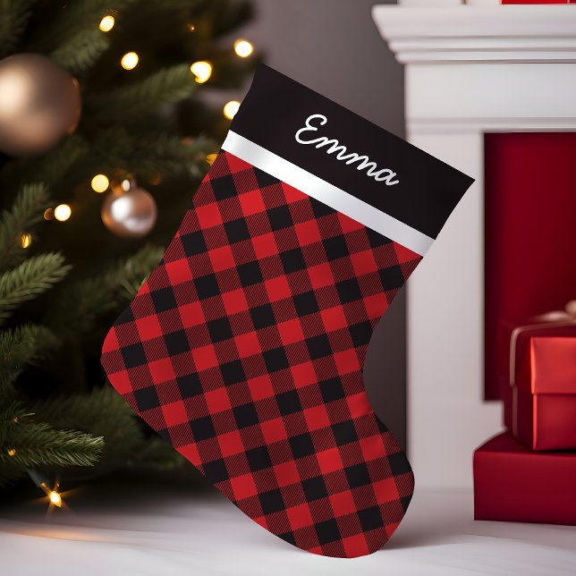 Meia De Natal Pequena Padrão Xadrez Plaid de Búfalo Personalizado com Mo (Criador carregado)