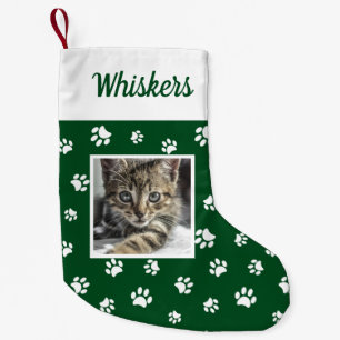 Meia De Natal Pequena Páginas brancas verdes com nome de foto de gato p