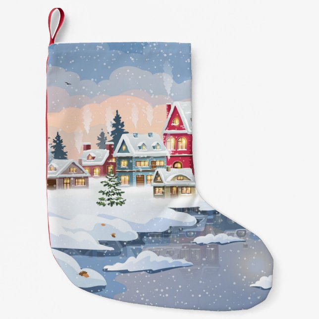 Meia De Natal Pequena Paisagem de inverno com casa coberta de neve (Frente)