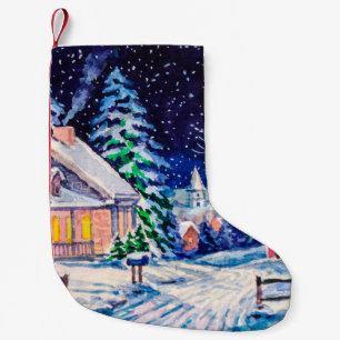 Meia De Natal Pequena Paisagem de inverno nevado. Casa do País. Natal h