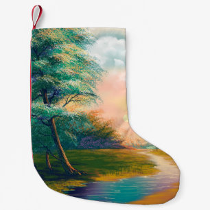 Meia De Natal Pequena Paisagem de pintura digital, rio na nascente
