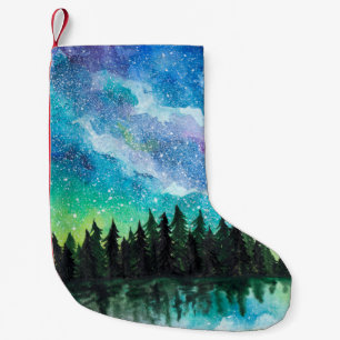 Meia De Natal Pequena Paisagem noturna de Aquarela Via Látea