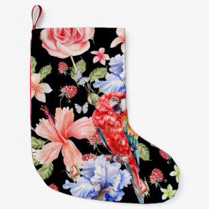 Meia De Natal Pequena Papagaio Aquarela: Padrão Floral Romance.