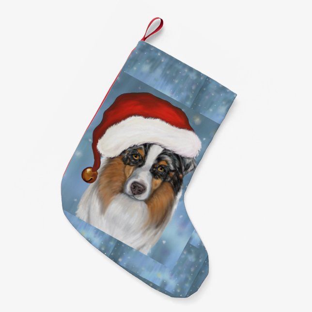 Meia De Natal Pequena Papai Noel Australian Shepherd (Frente (Pendurada))