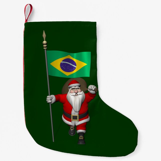 Meia De Natal Pequena Papai Noel Com Alferes Do Brasil (Frente)