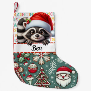 Meia De Natal Pequena Papai Noel Guaxinim com Design de Saudações de Tem