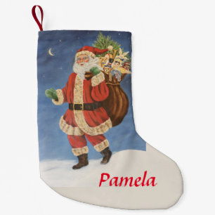 Meia De Natal Pequena Papais noeis com Bagagem de Brinquedos em pintura