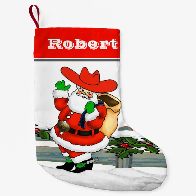 Meia De Natal Pequena Papais noeis de cowboy ocidentais Cena de inverno  (Frente)