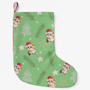Meia De Natal Pequena Papais noeis de gatinhos de cor aquosa verde Feliz