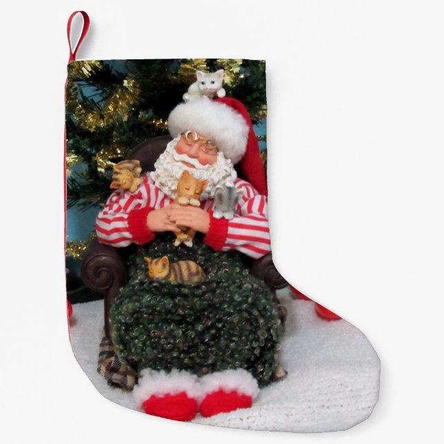 Meia De Natal Pequena Papais noeis e gatinhos dormindo no Natal (Frente)