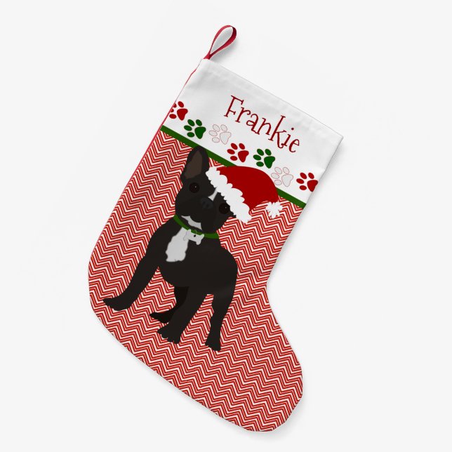 Meia De Natal Pequena Papais noeis personalizados Black French Buldogue (Frente (Pendurada))