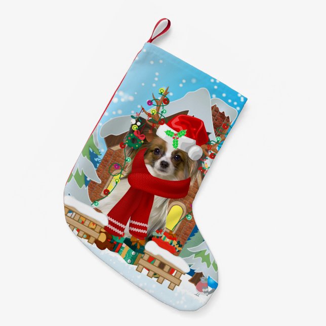 Meia De Natal Pequena Papillon cão com presentes de Natal (Frente (Pendurada))